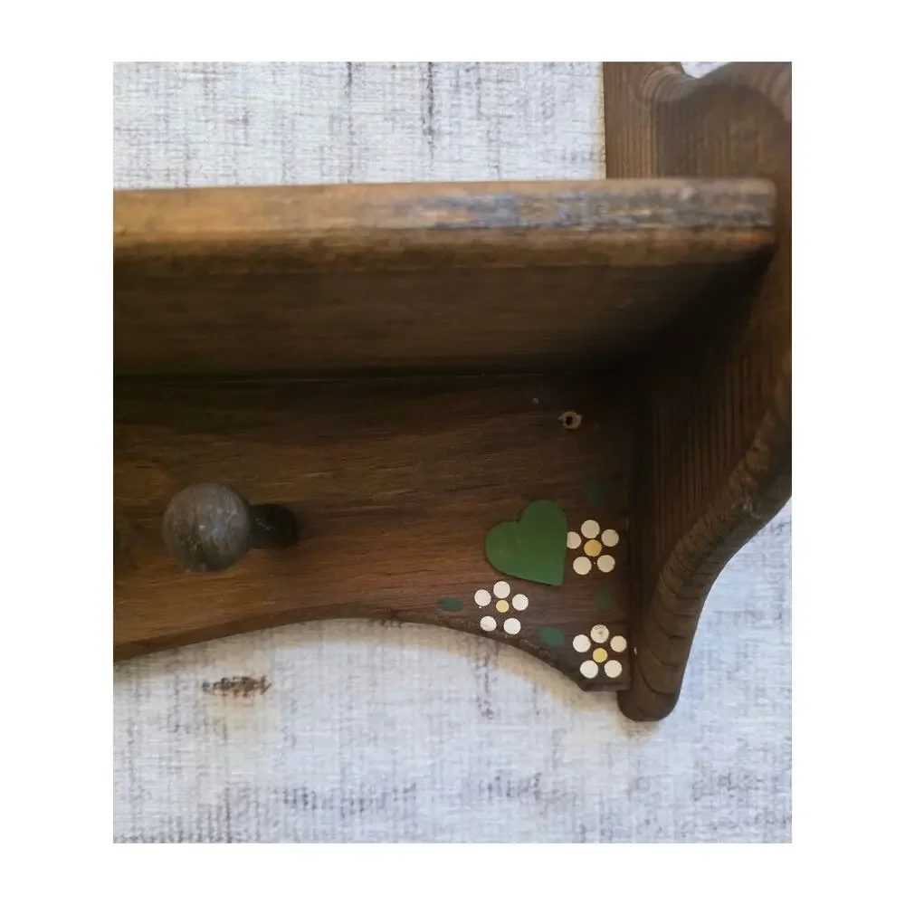 VTG Toll Painted Green Hearts Folk Art 80s 90s Peg Hooks Unvarnished Cottagecore